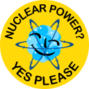 The "smiling atom" logo: a smiling blue nucleus with three electron orbits around it, all surrounded by the words "Nuclear power? Yes please"